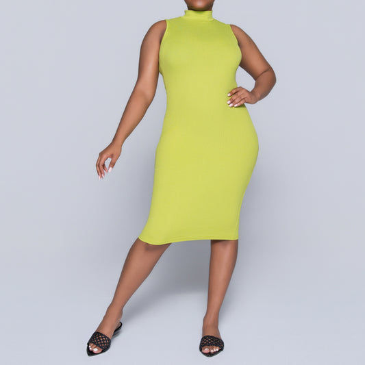 Chartreuse Sleeveless Rib Turtle Neck Dress