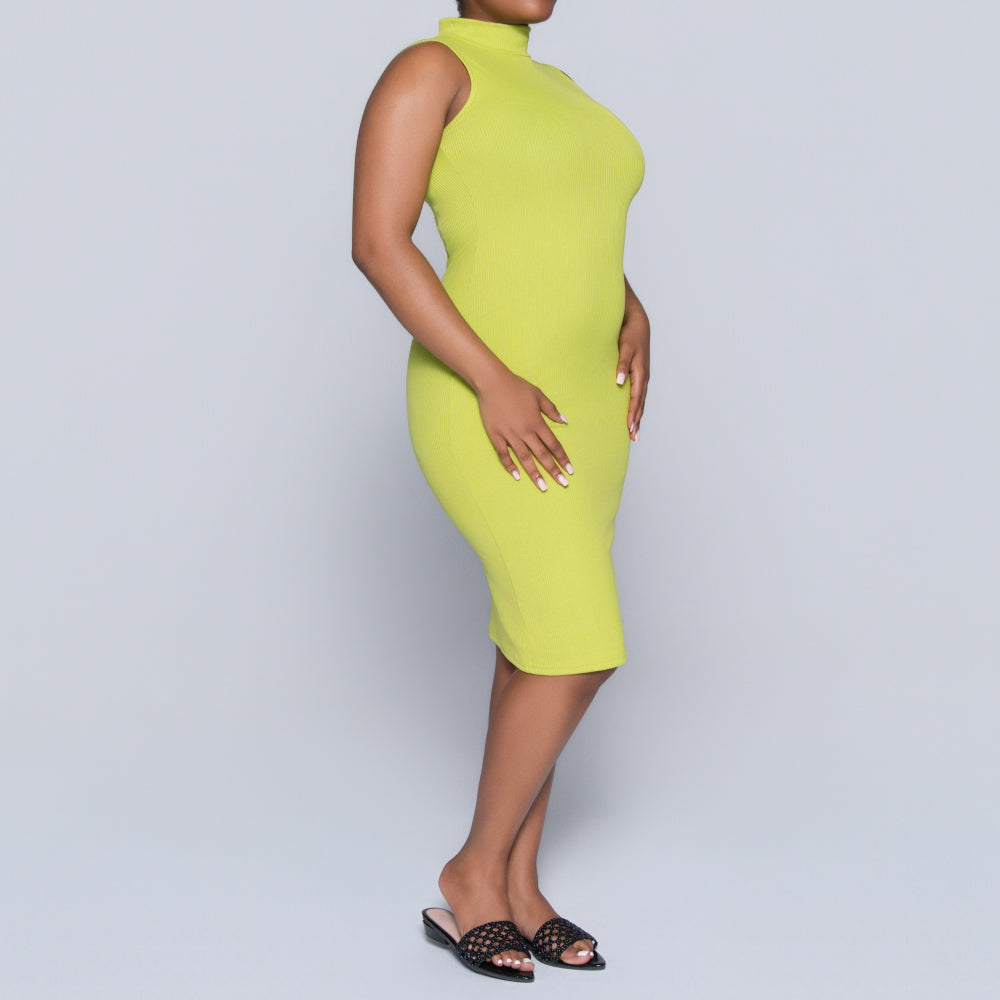 Chartreuse Sleeveless Rib Turtle Neck Dress