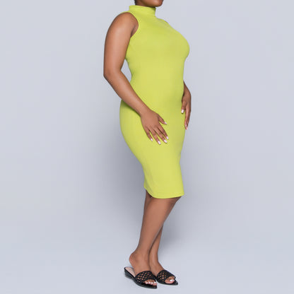 Chartreuse Sleeveless Rib Turtle Neck Dress