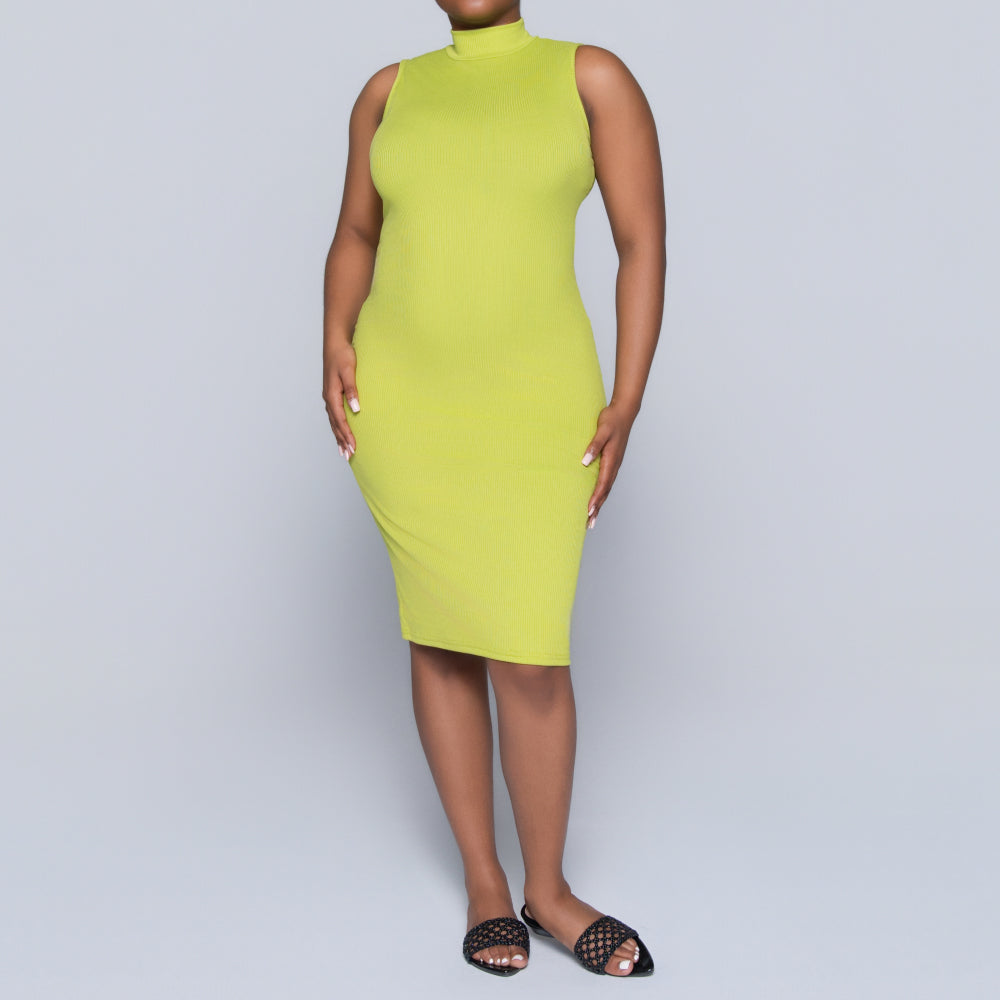 Chartreuse Sleeveless Rib Turtle Neck Dress
