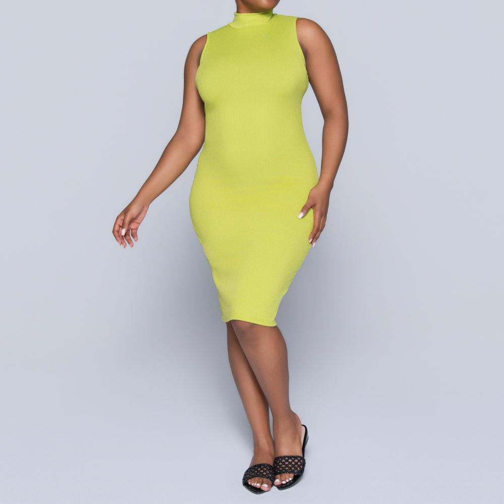 Chartreuse Sleeveless Rib Turtle Neck Dress