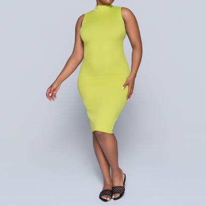 Chartreuse Sleeveless Rib Turtle Neck Dress