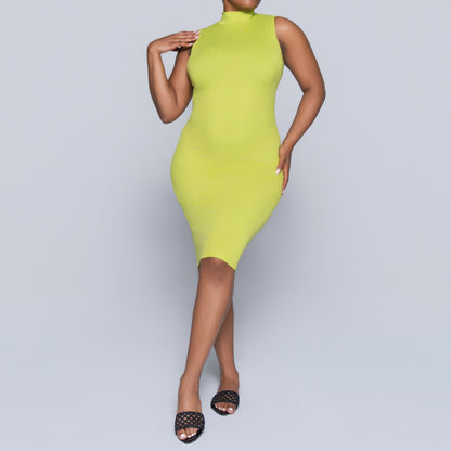 Chartreuse Sleeveless Rib Turtle Neck Dress