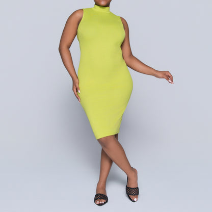Chartreuse Sleeveless Rib Turtle Neck Dress