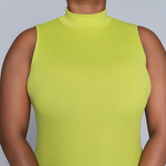Chartreuse Sleeveless Rib Turtle Neck Dress