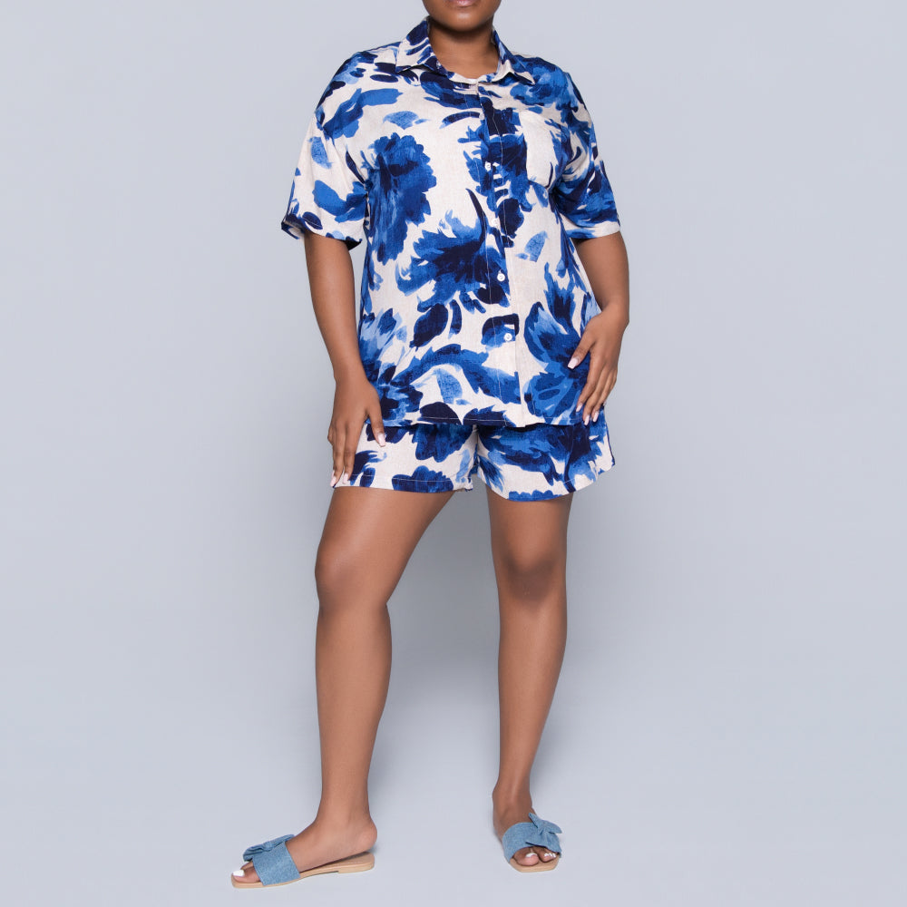 Blue Printed Front-Tie Top