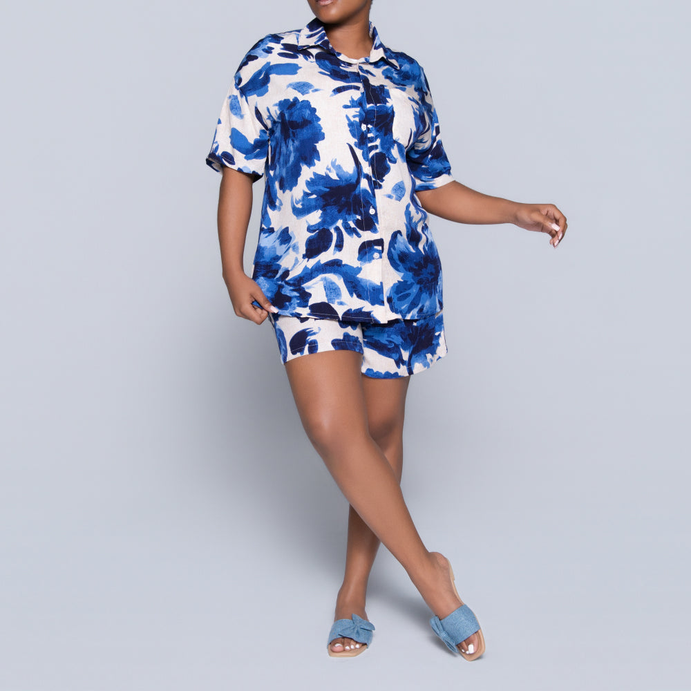 Blue Printed Front-Tie Top