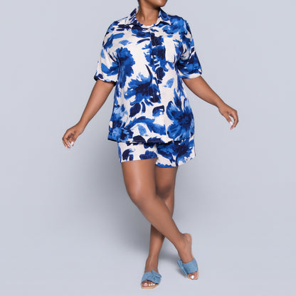 Blue Printed Front-Tie Top