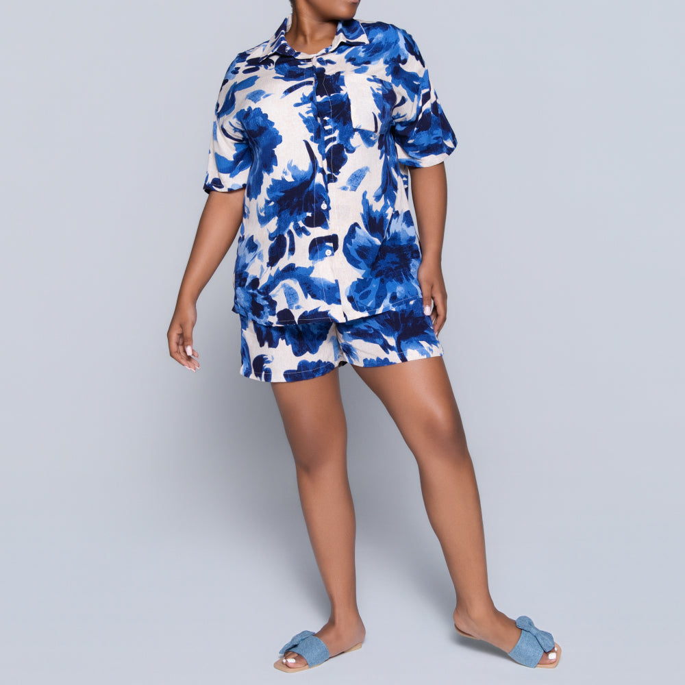 Blue Printed Front-Tie Top