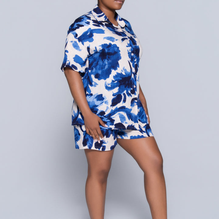 Blue Printed Front-Tie Top