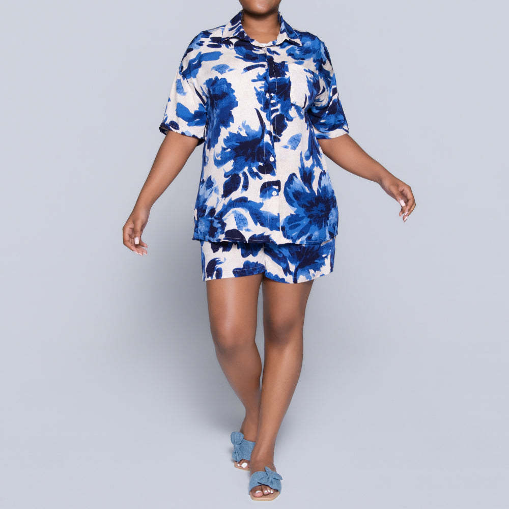 Blue Printed Front-Tie Top