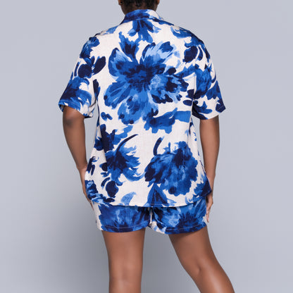 Blue Printed Front-Tie Top