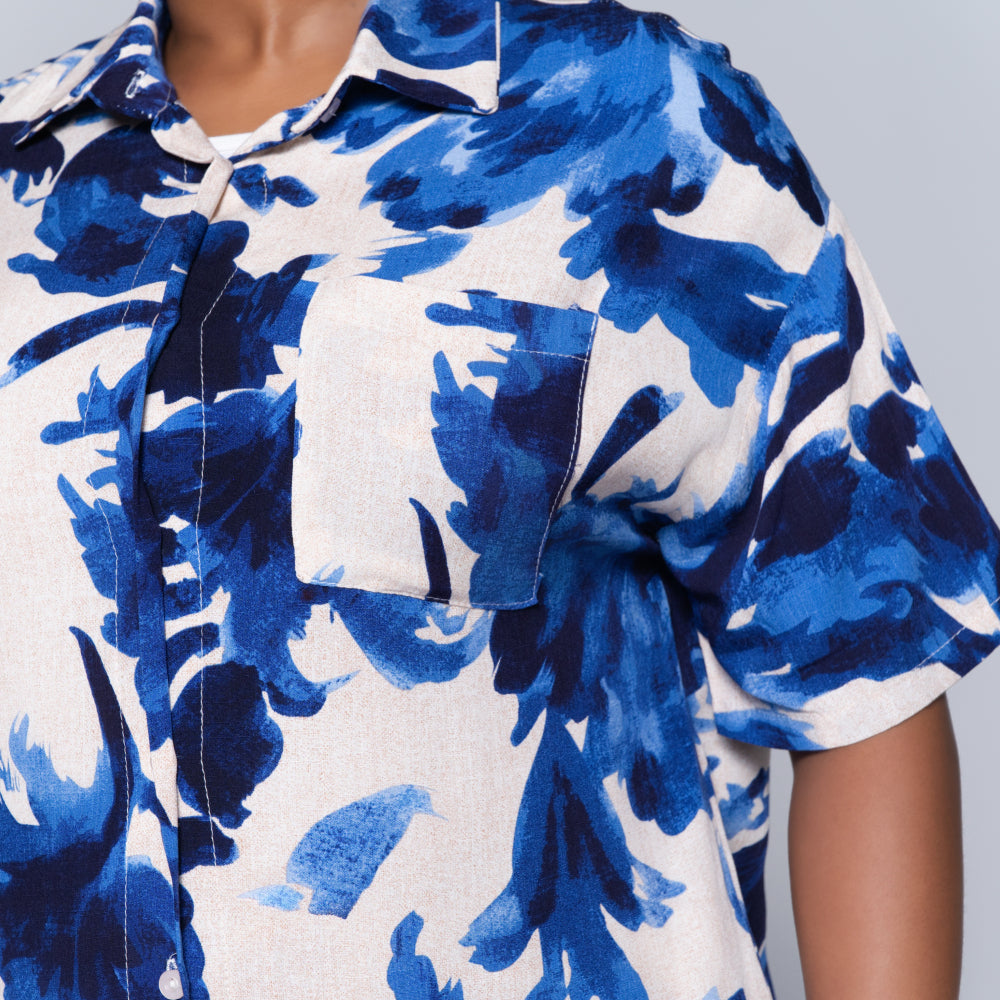 Blue Printed Front-Tie Top