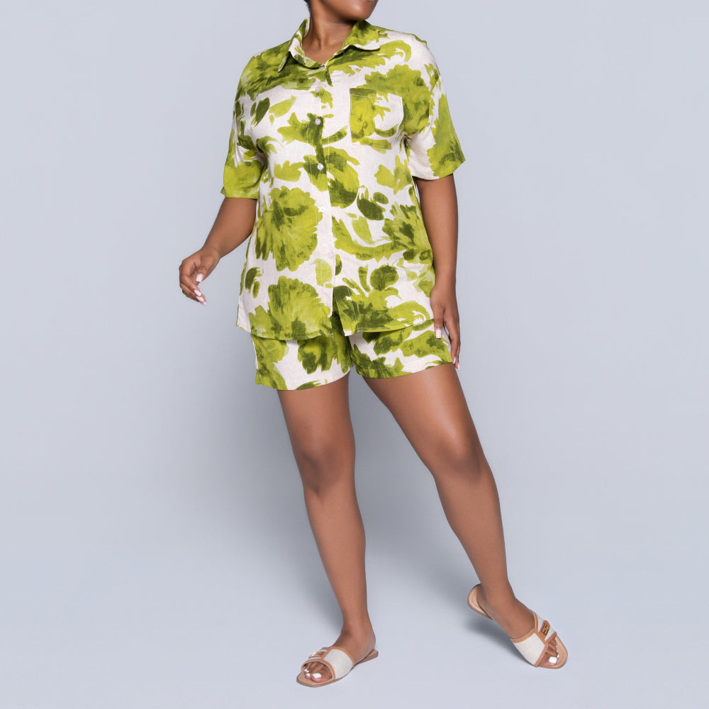 Green Printed Front-Tie Top