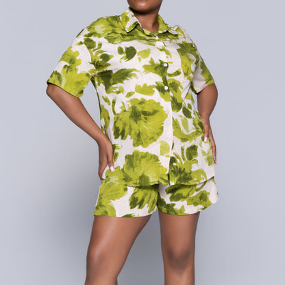 Green Printed Front-Tie Top