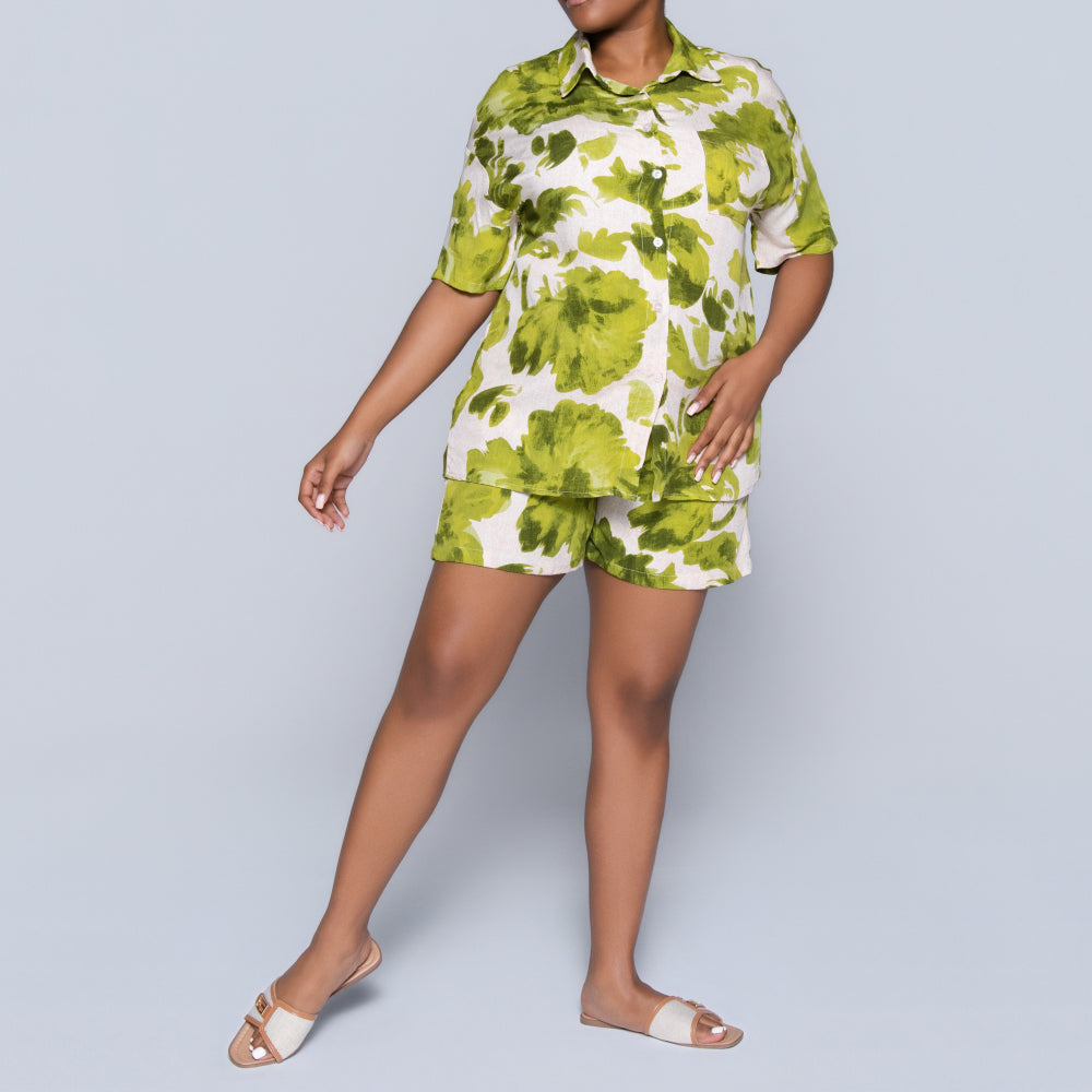 Green Printed Front-Tie Top