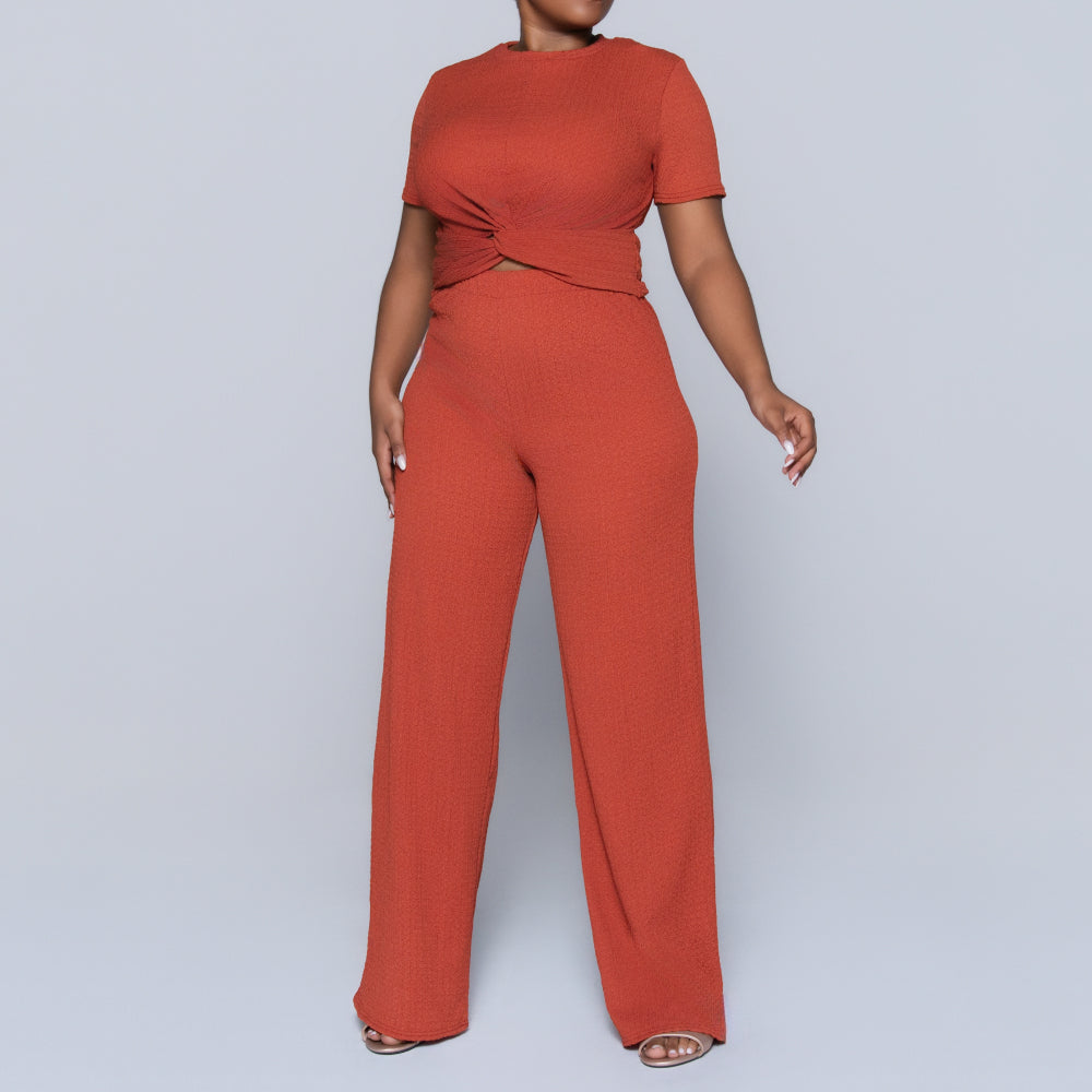 Rust Crinkle Knit Top And Pants Set