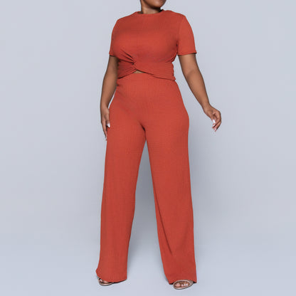 Rust Crinkle Knit Top And Pants Set