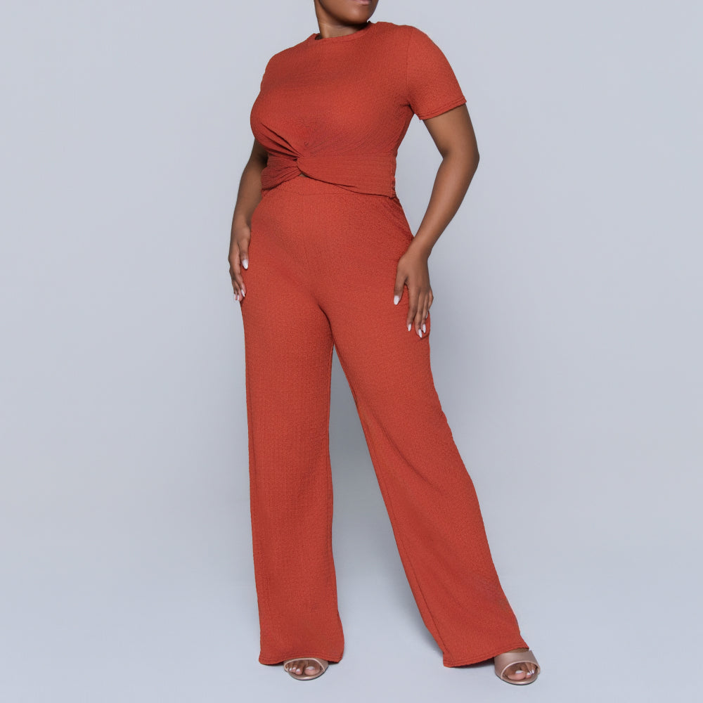 Rust Crinkle Knit Top And Pants Set