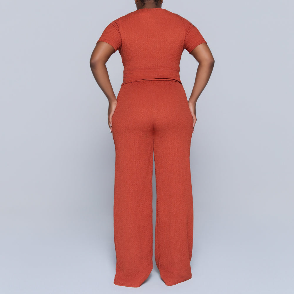 Rust Crinkle Knit Top And Pants Set