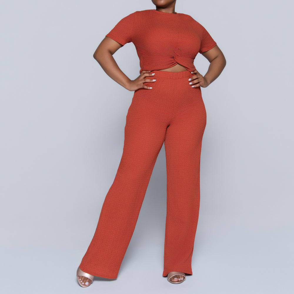 Rust Crinkle Knit Top And Pants Set