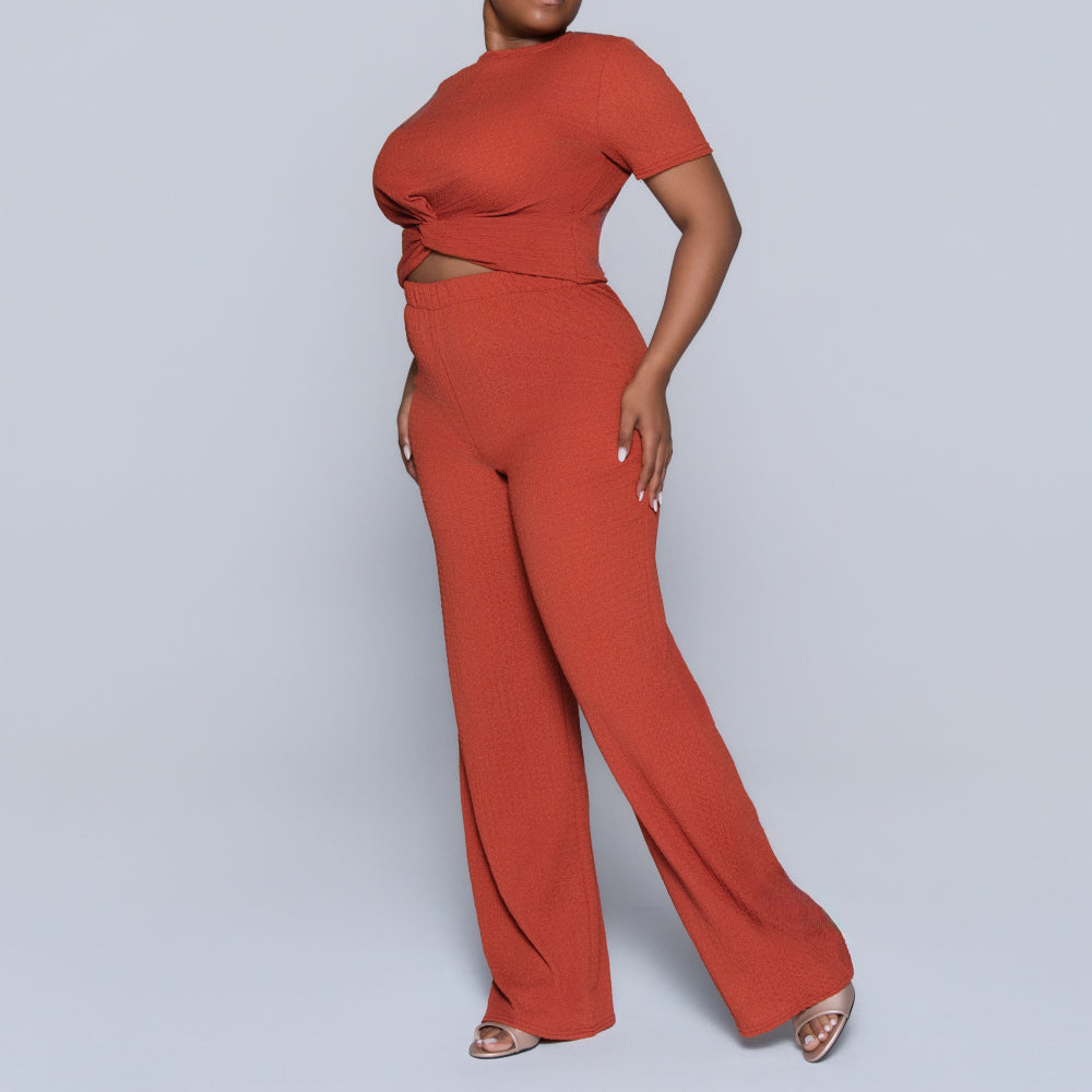Rust Crinkle Knit Top And Pants Set