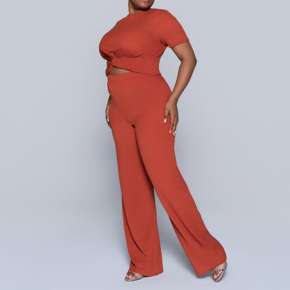 Rust Crinkle Knit Top And Pants Set