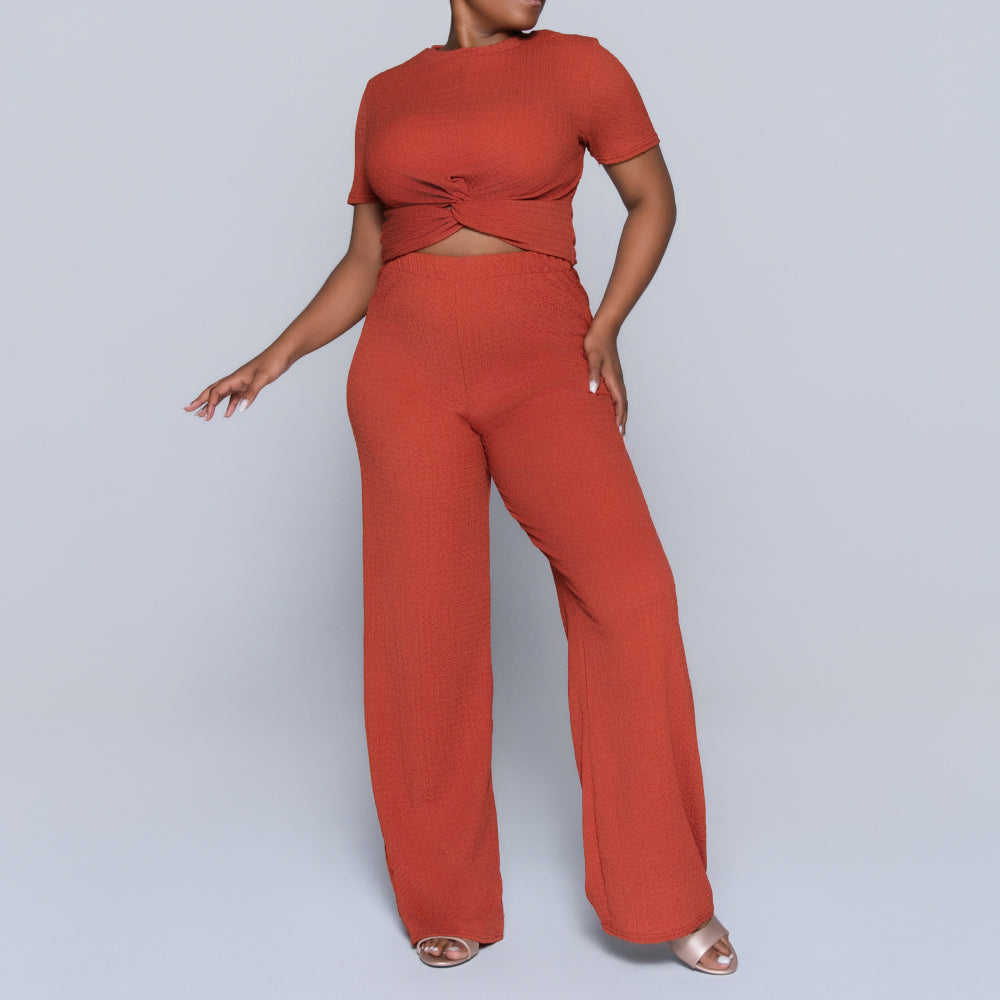 Rust Crinkle Knit Top And Pants Set