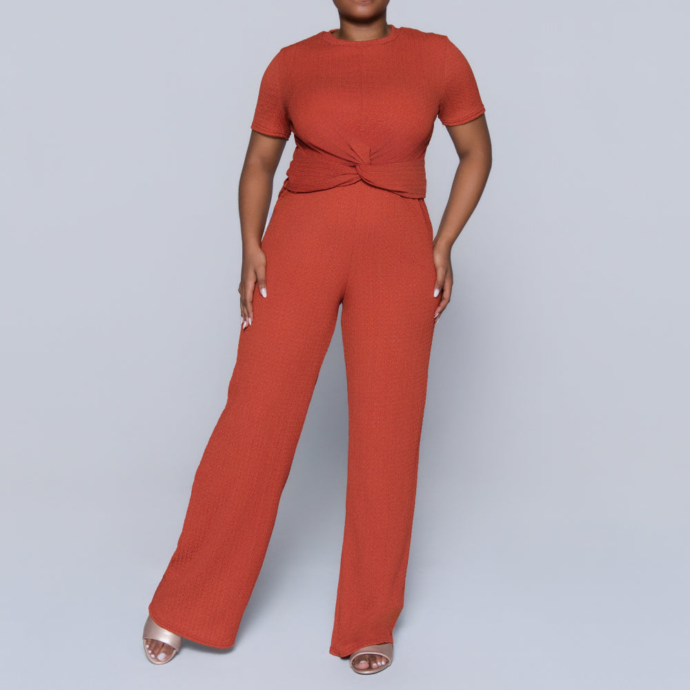 Rust Crinkle Knit Top And Pants Set