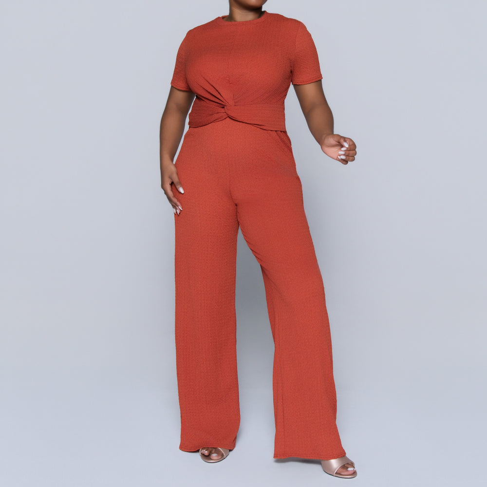 Rust Crinkle Knit Top And Pants Set