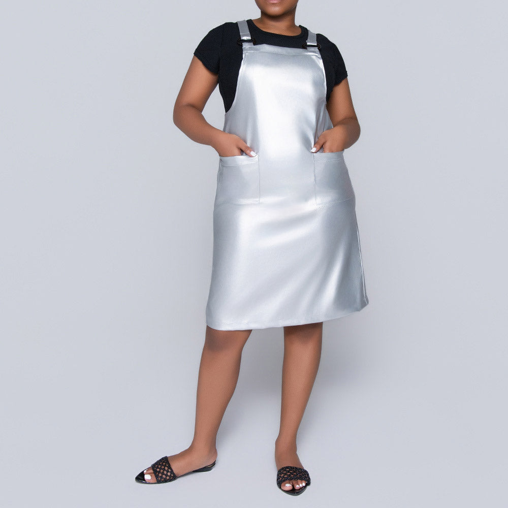 Silver Pleather Pinafore Dress