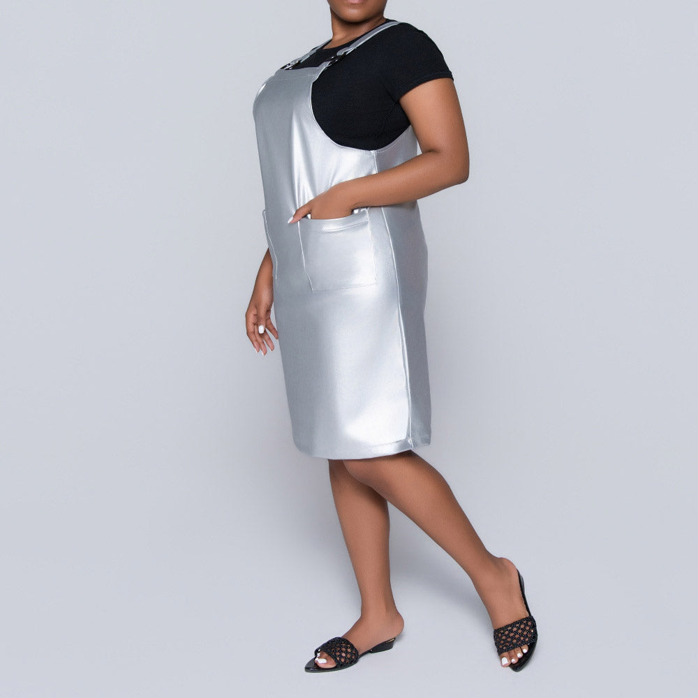 Silver Pleather Pinafore Dress