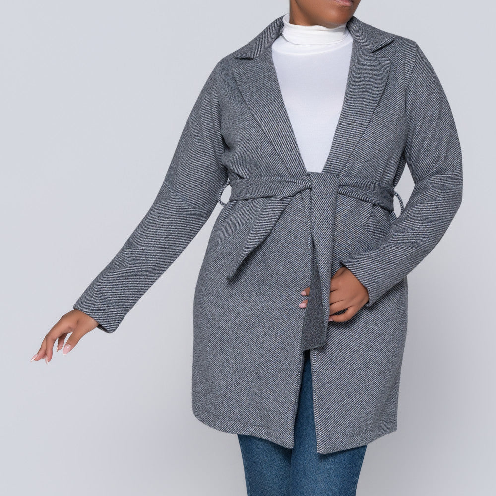 Charcoal Grey Tie-Belt Melton Jacket