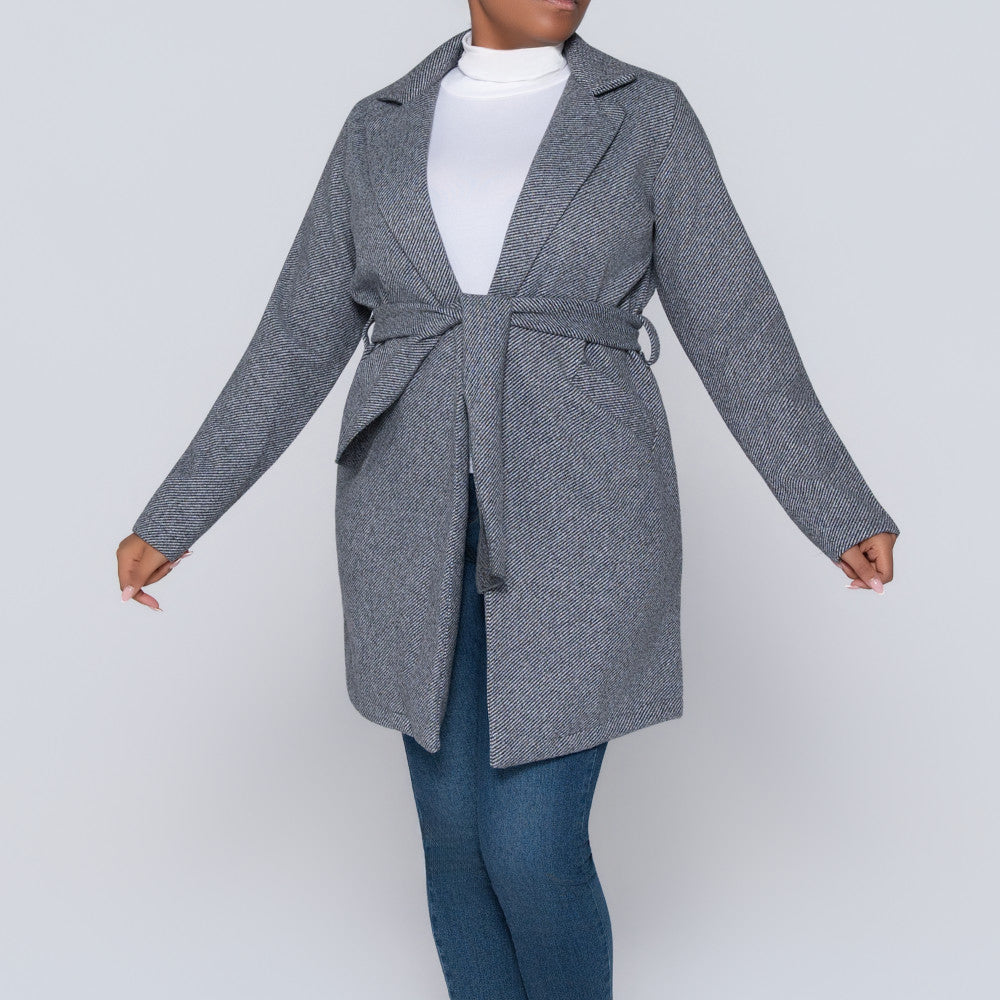 Charcoal Grey Tie-Belt Melton Jacket