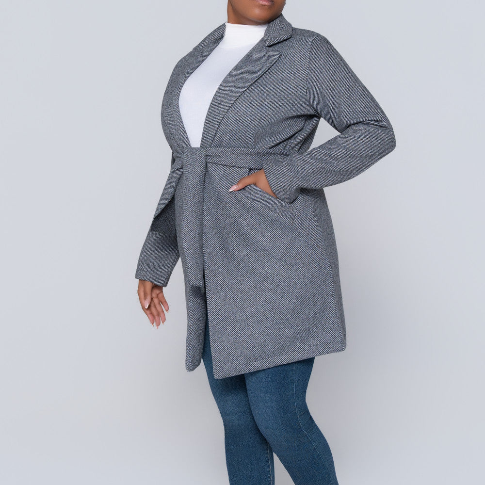 Charcoal Grey Tie-Belt Melton Jacket
