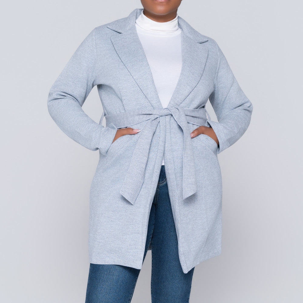 Light Grey Tie-Belt Melton Jacket