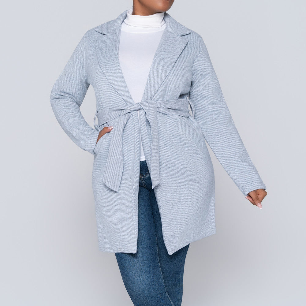 Light Grey Tie-Belt Melton Jacket