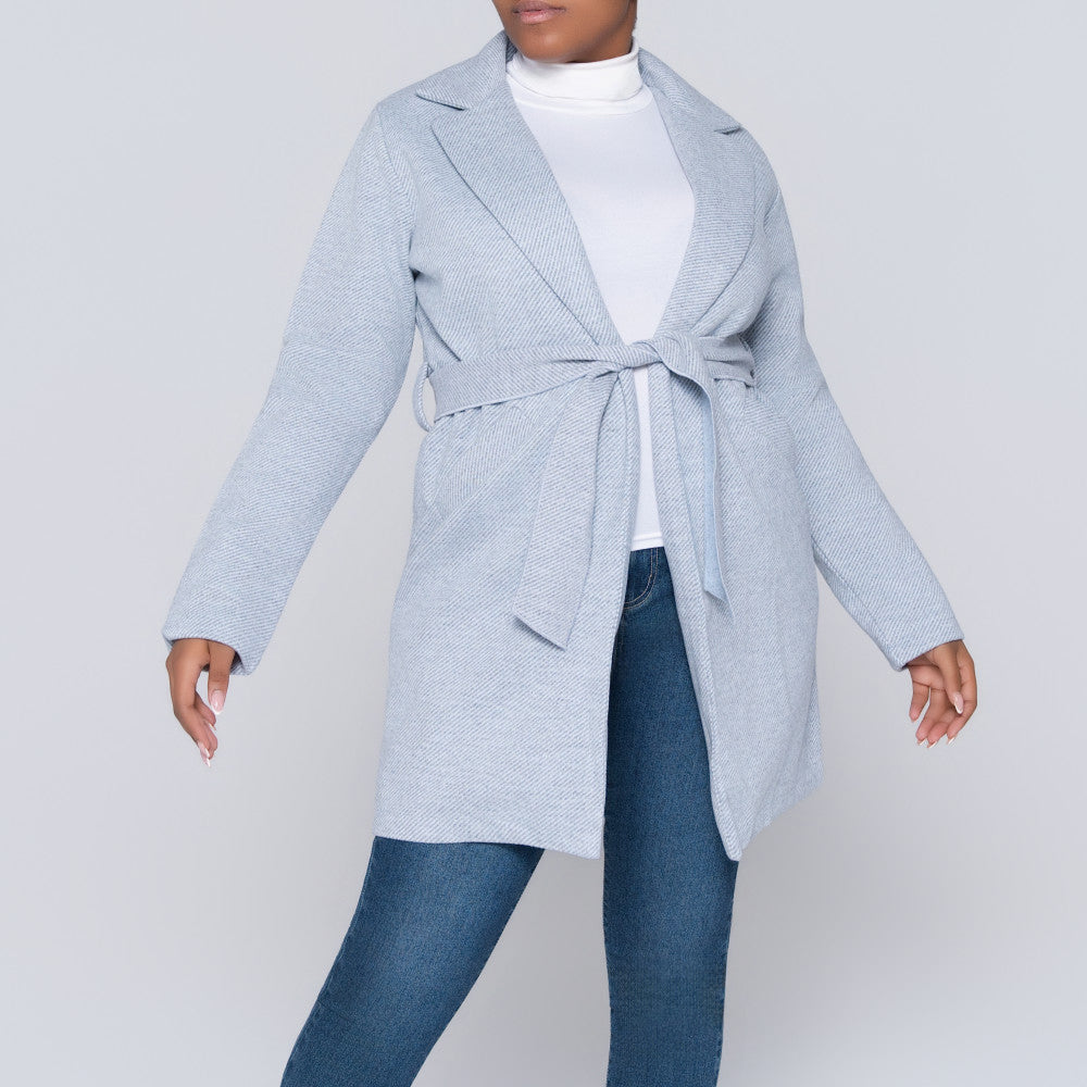 Light Grey Tie-Belt Melton Jacket