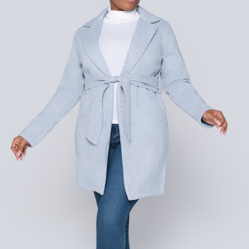 Light Grey Tie-Belt Melton Jacket