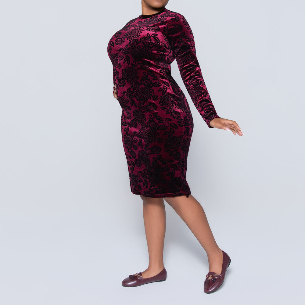 Long Sleeve Wine Velour Dress