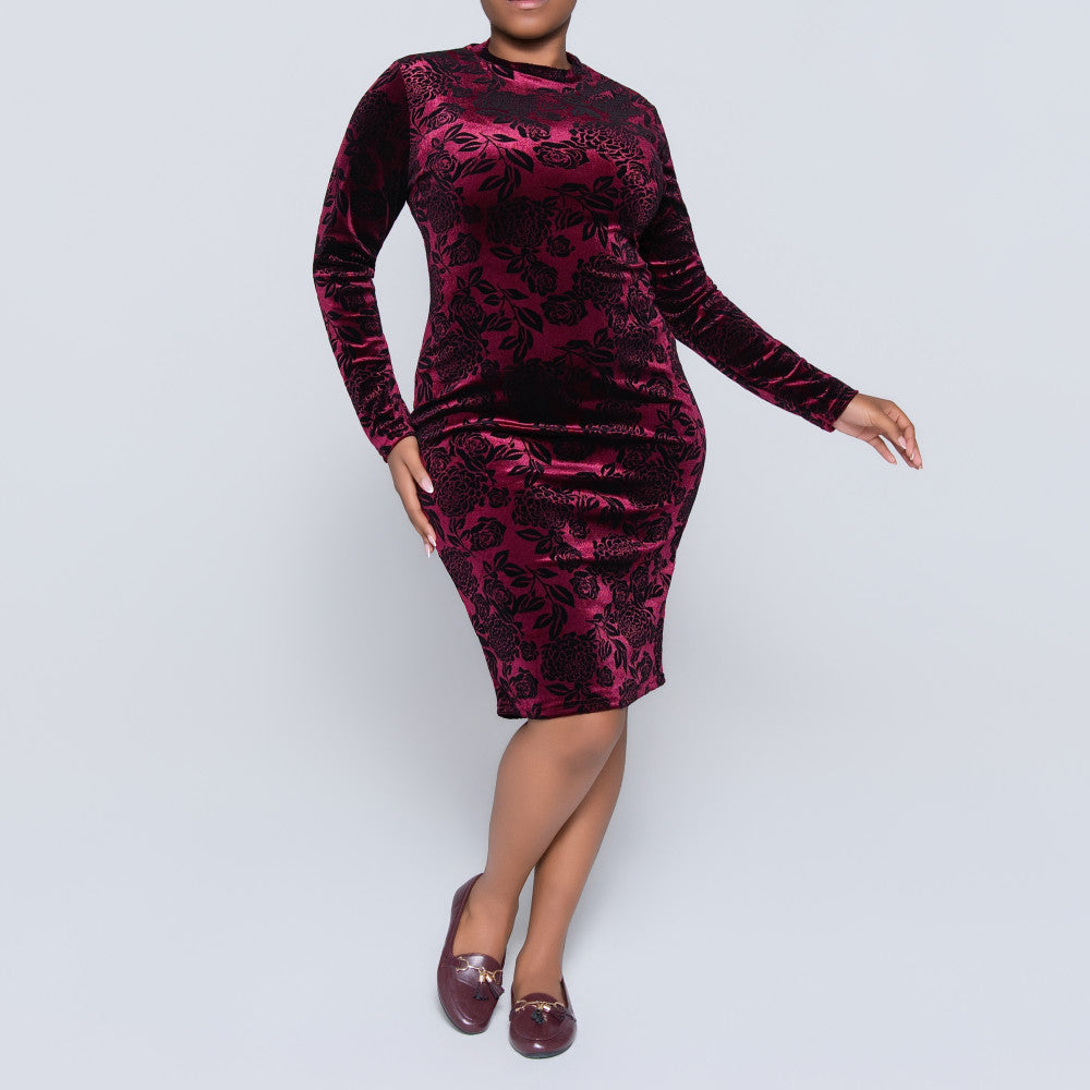 Long Sleeve Wine Velour Dress