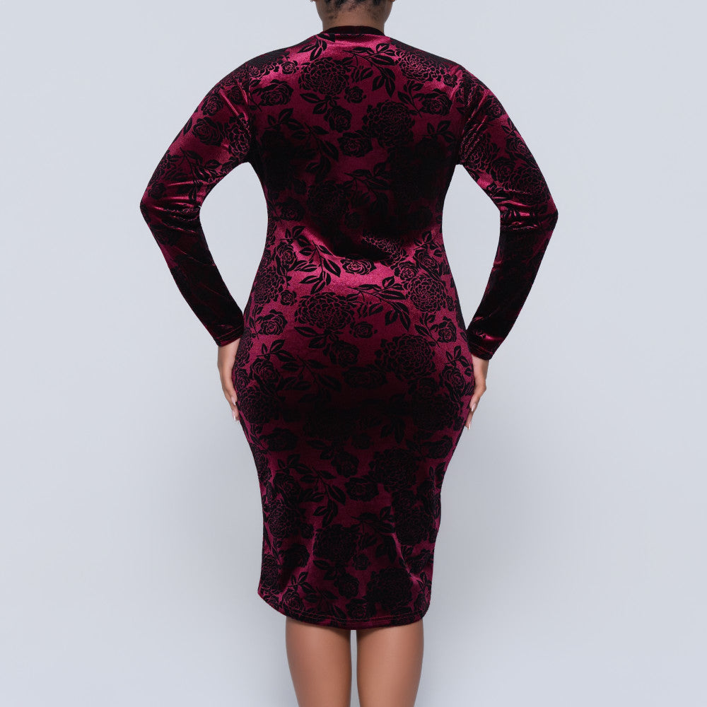Long Sleeve Wine Velour Dress