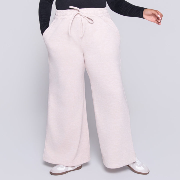 Oatmeal Spun Poly Wide Leg Track Pants