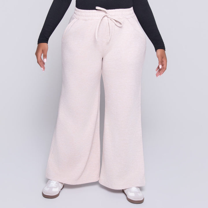 Oatmeal Spun Poly Wide Leg Track Pants