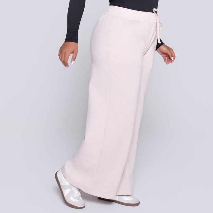 Oatmeal Spun Poly Wide Leg Track Pants