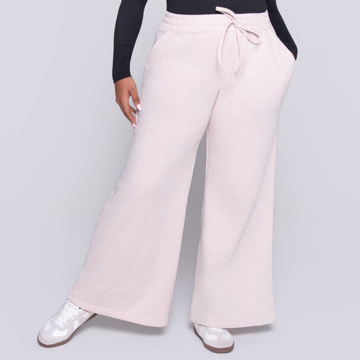 Oatmeal Spun Poly Wide Leg Track Pants