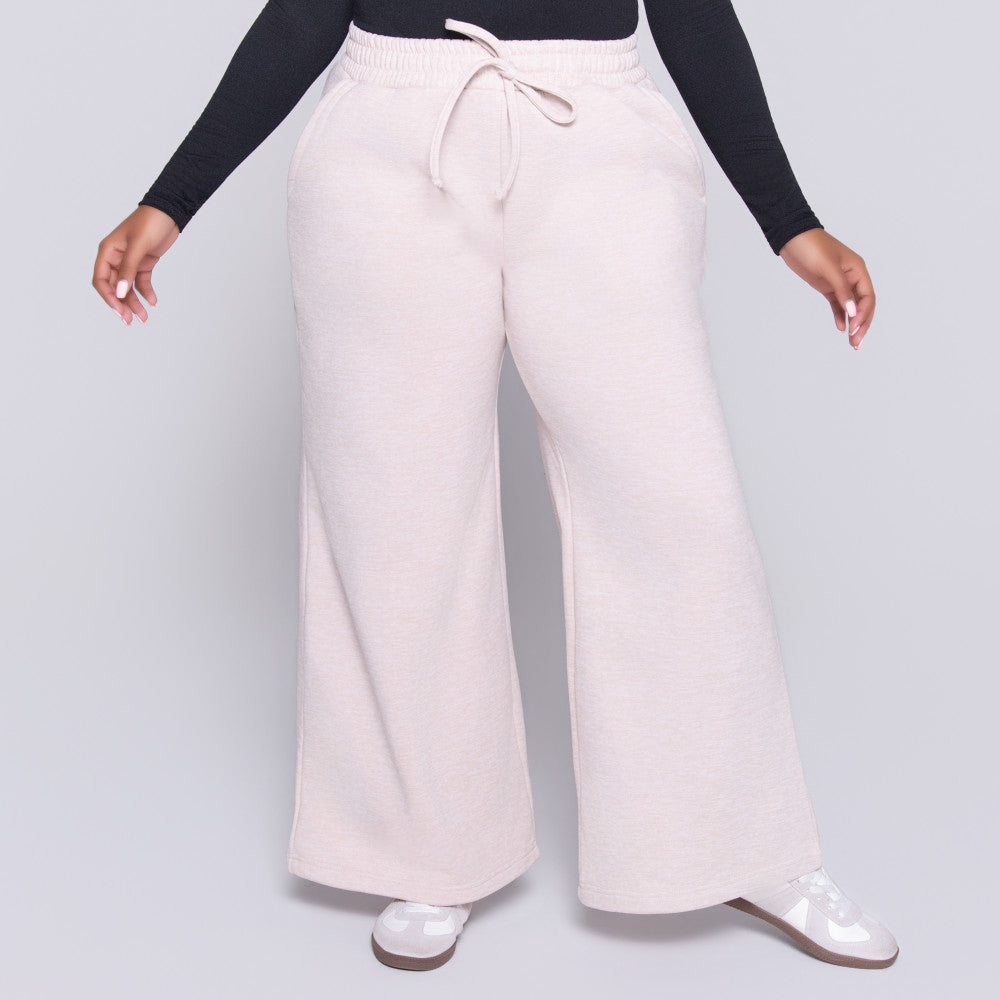 Oatmeal Spun Poly Wide Leg Track Pants