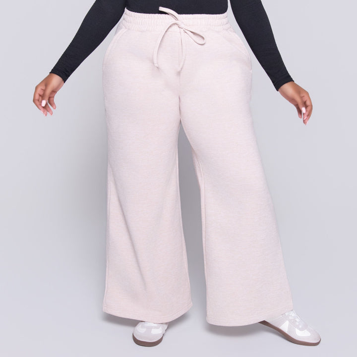 Oatmeal Spun Poly Wide Leg Track Pants