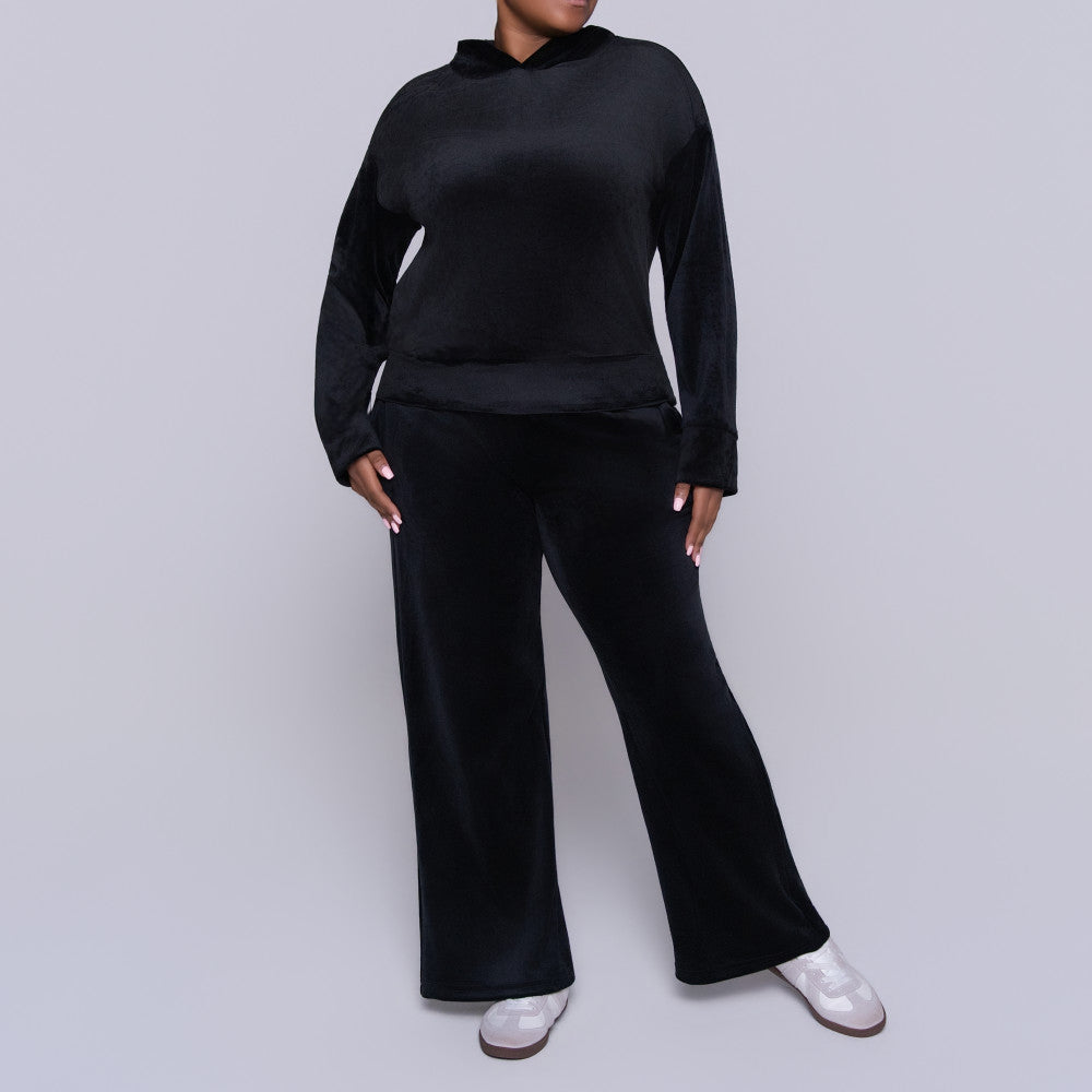 Black Velour Hooded Tracksuit Set