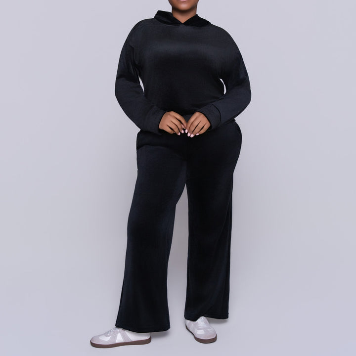 Black Velour Hooded Tracksuit Set